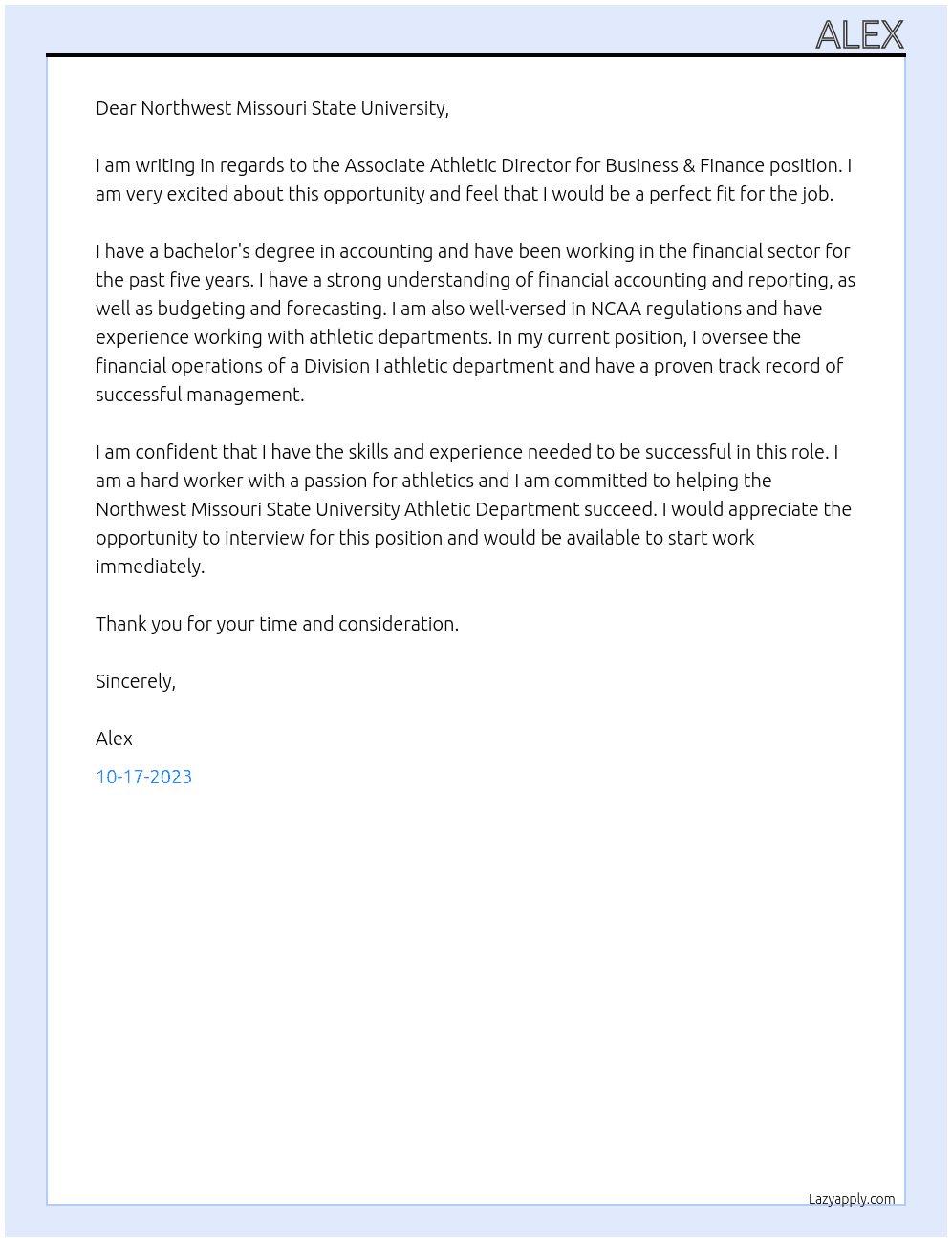 Associate Athletic Director for Business & Finance At Northwest Missouri State University Cover Letter