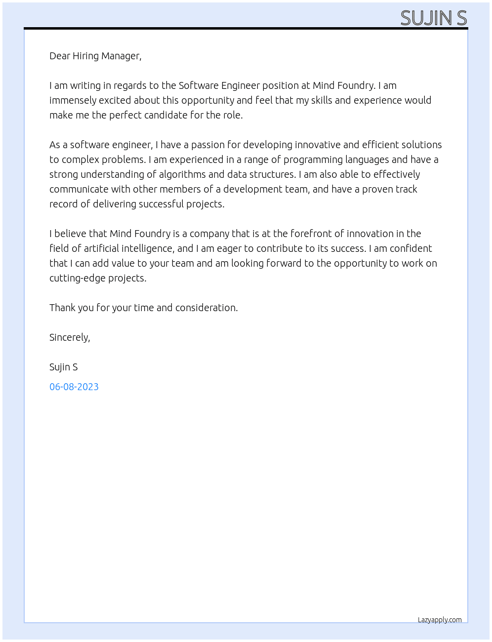 Software Engineer At Mind Foundry Cover Letter