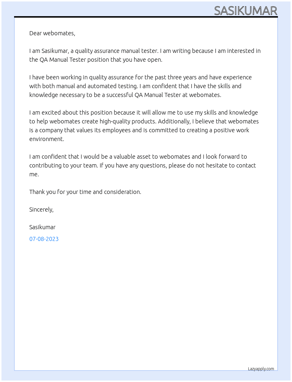 QA Manual Tester At webomates Cover Letter