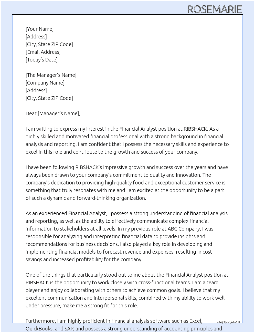 Financial Analyst At RIBSHACK Cover Letter
