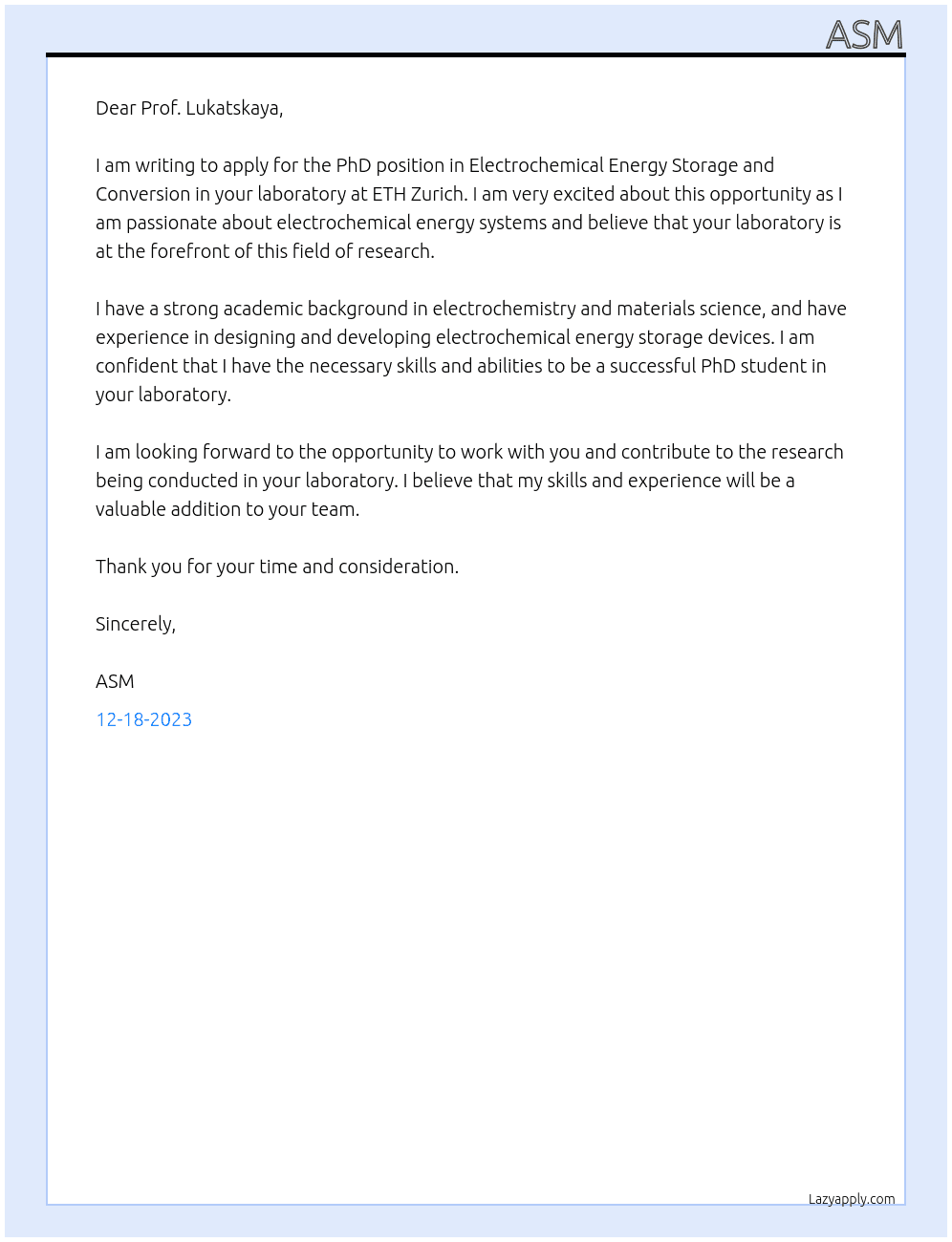 PhD position in Electrochemical Energy Storage and Conversion At Electrochemical Energy Systems Laboratory at ETH Zurich Cover Letter