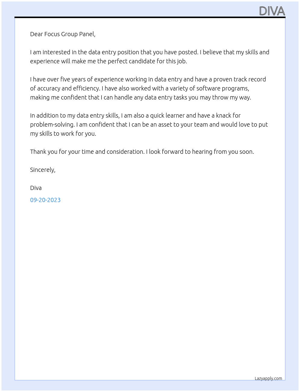 data entry At FOCUS GROUP PANEL Cover Letter