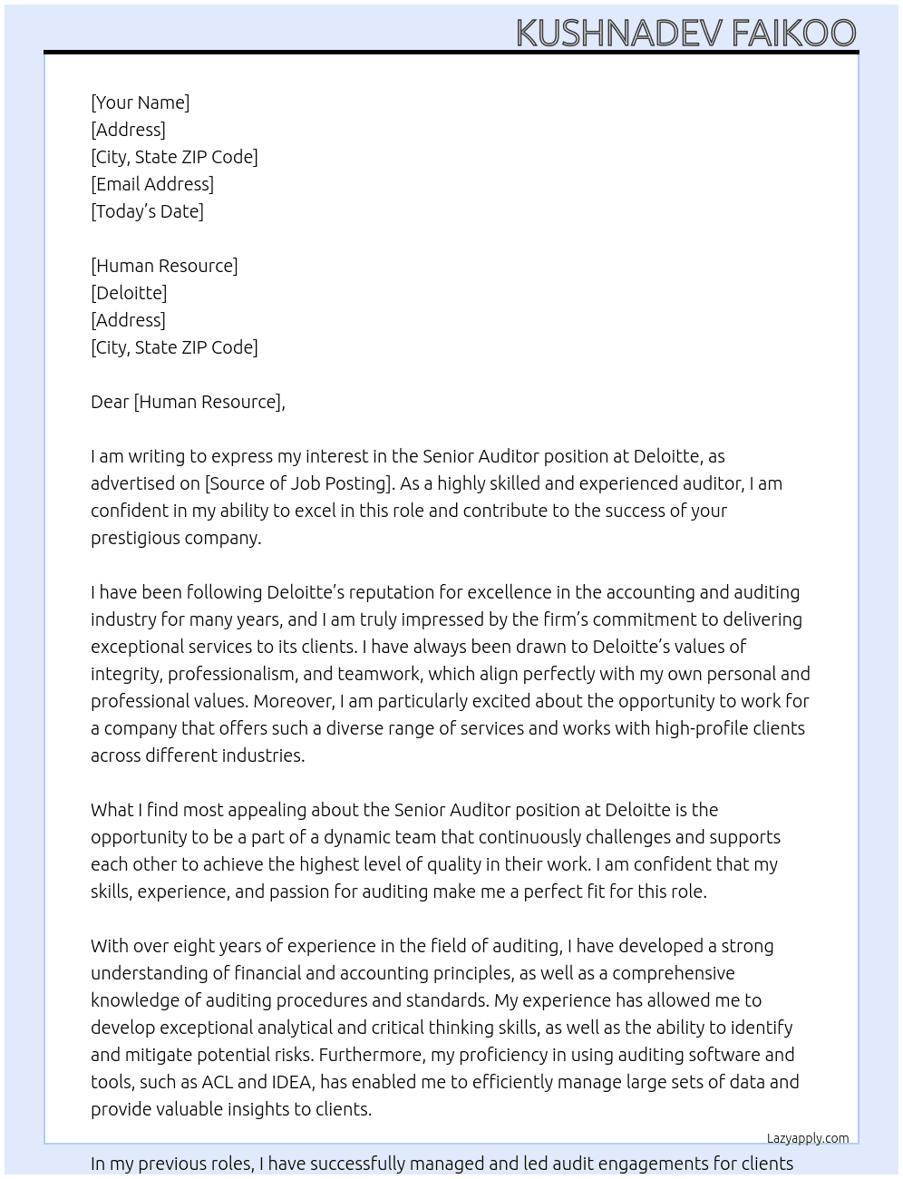 senior auditor At Deloitte Cover Letter