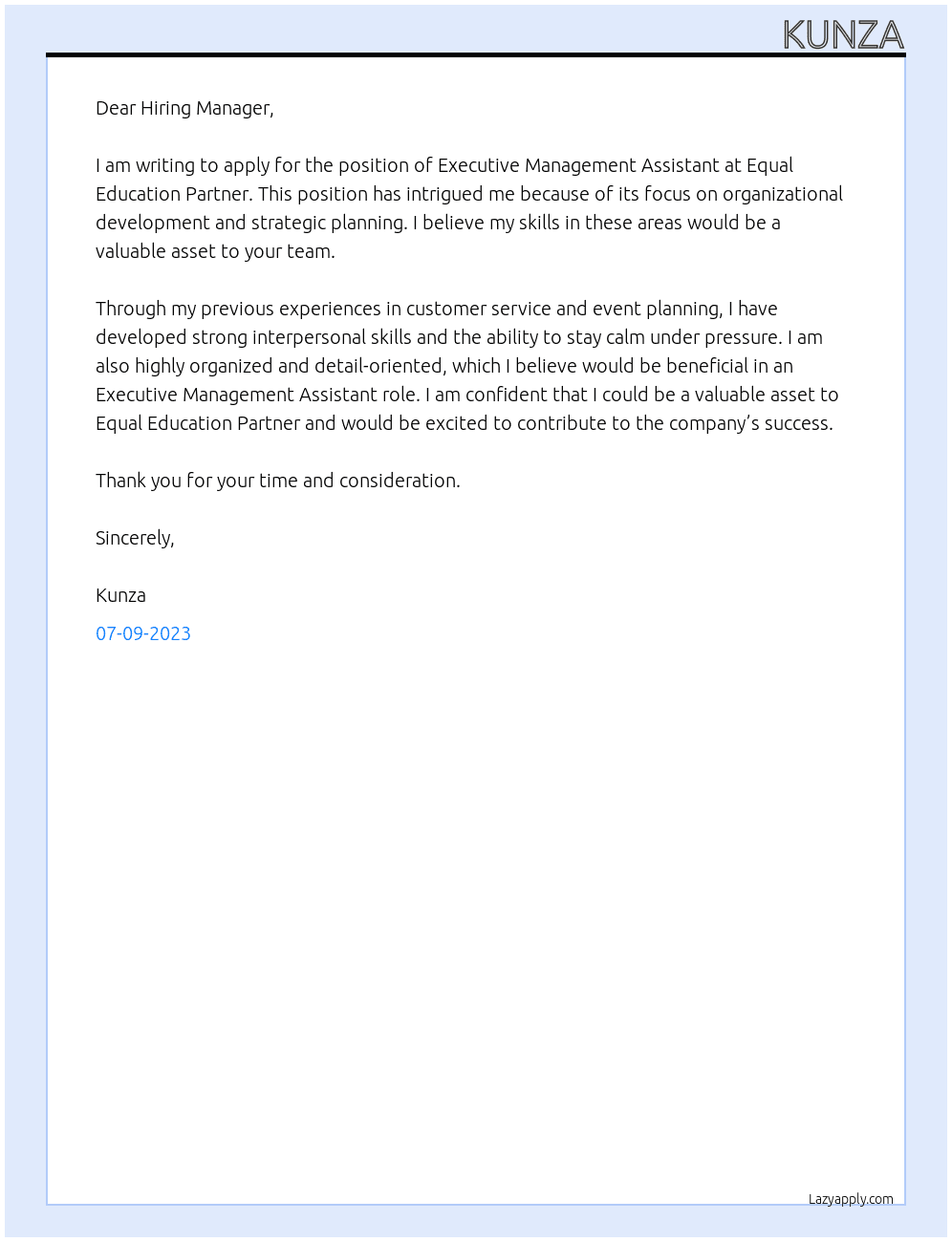 Executive Management Assistant  At Equal Education Partner Cover Letter