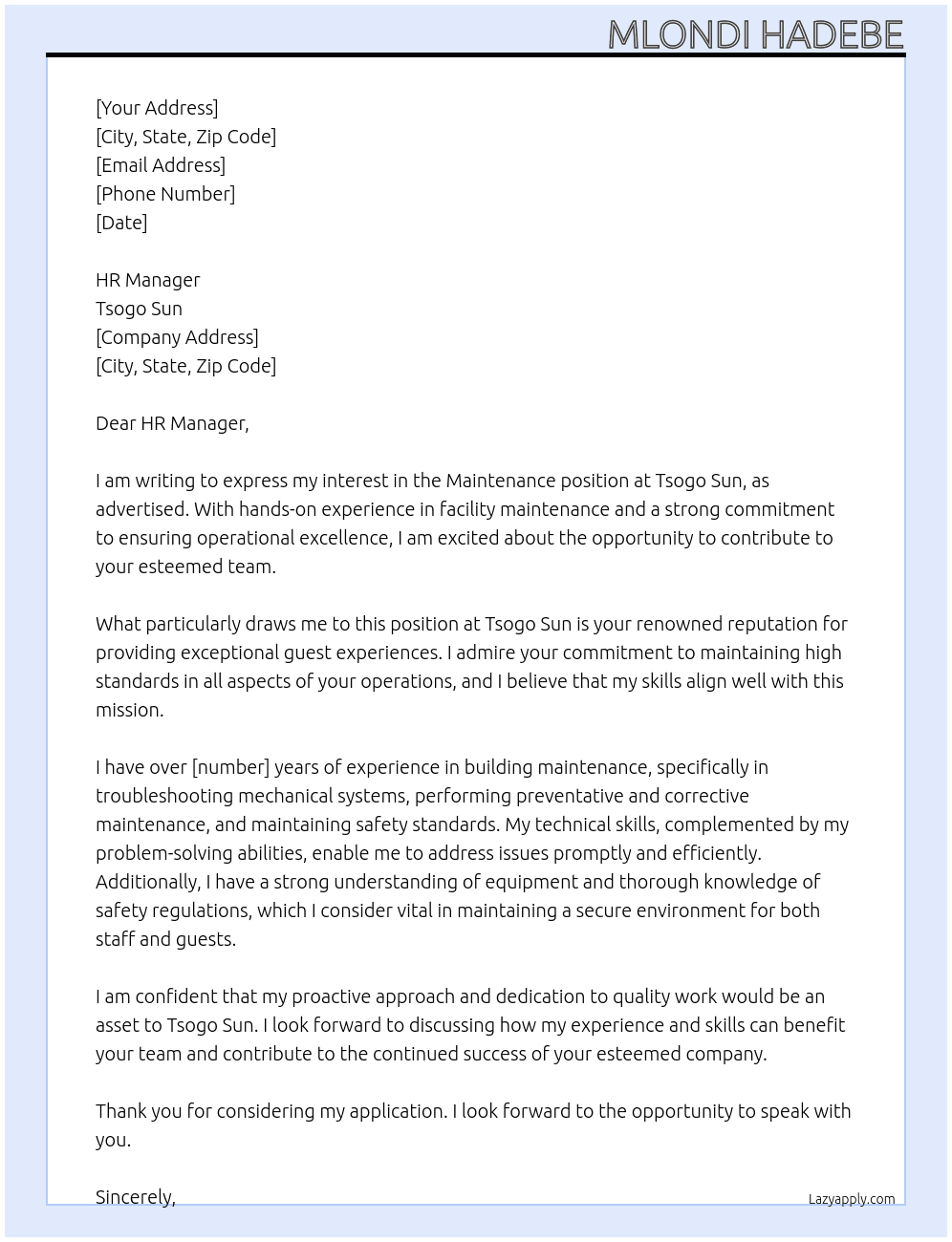 Maintenance job At Tsogo Sun Cover Letter
