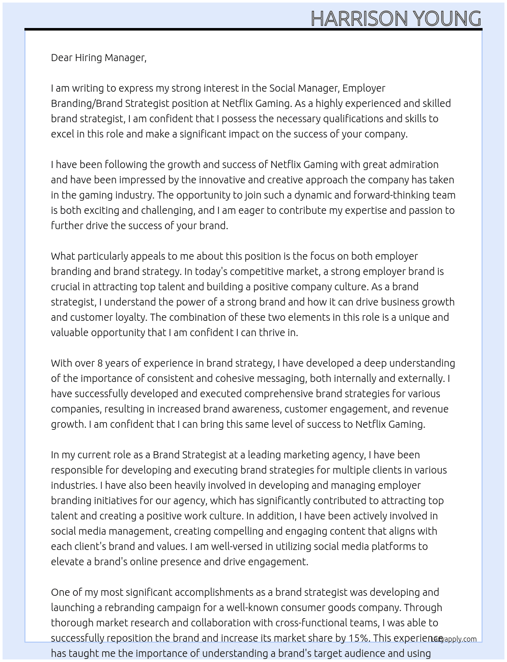 Social Manager, Employer Branding/Brand Strategist At Netflix Gaming Cover Letter