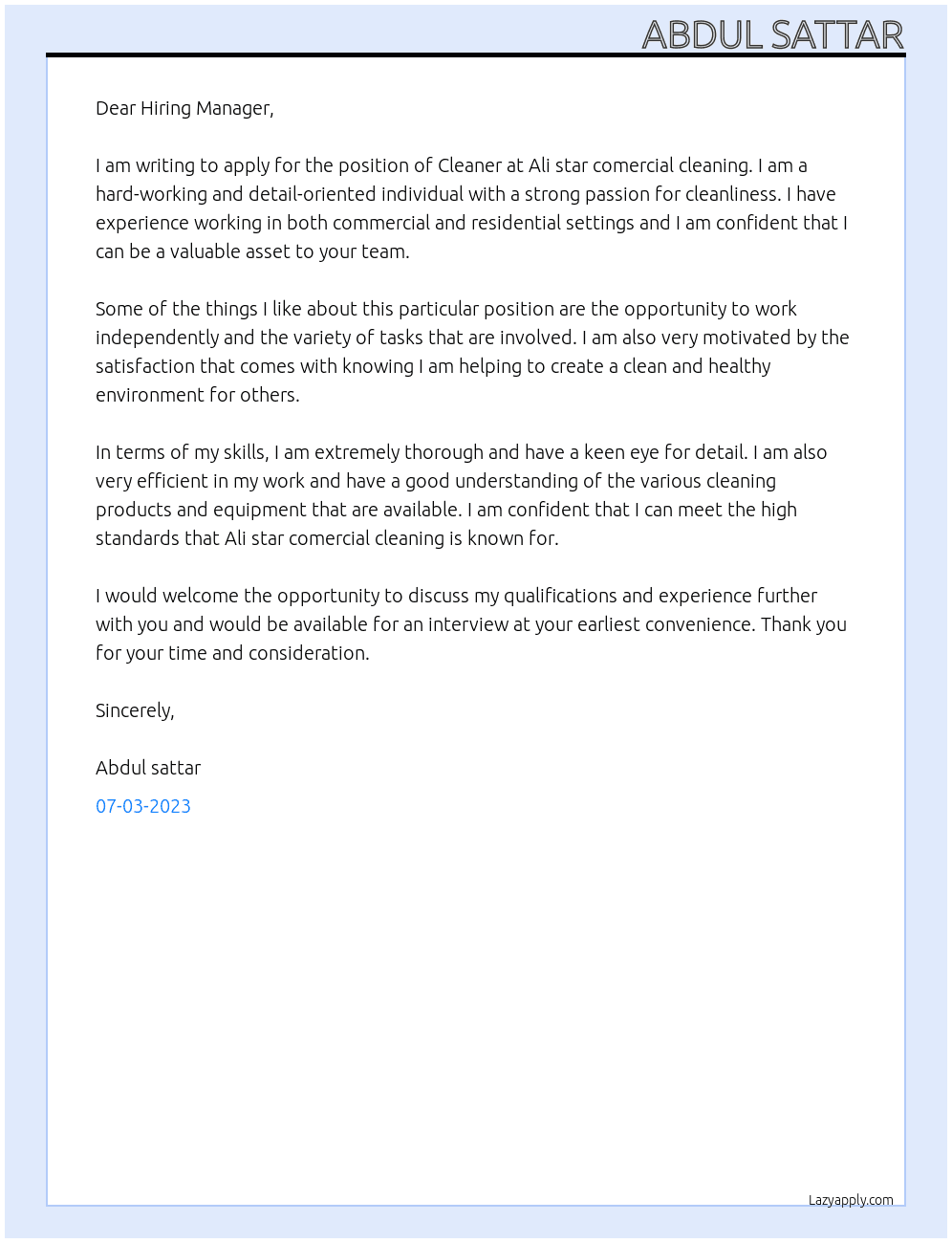 Cleaner  At Ali star comercial cleaning  Cover Letter