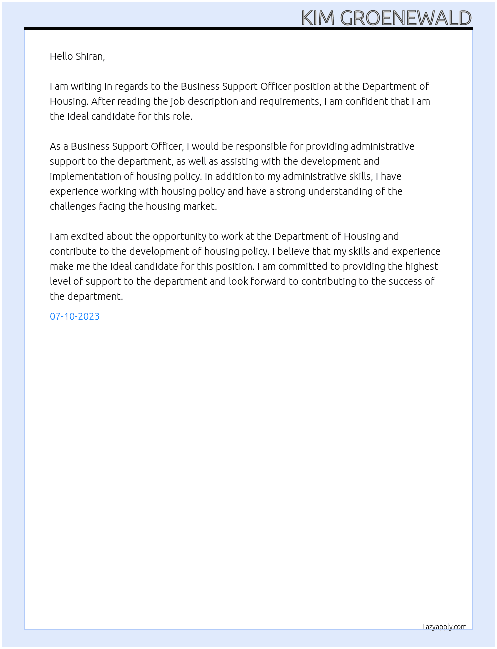 Business Support Officer At Department of Housing Cover Letter