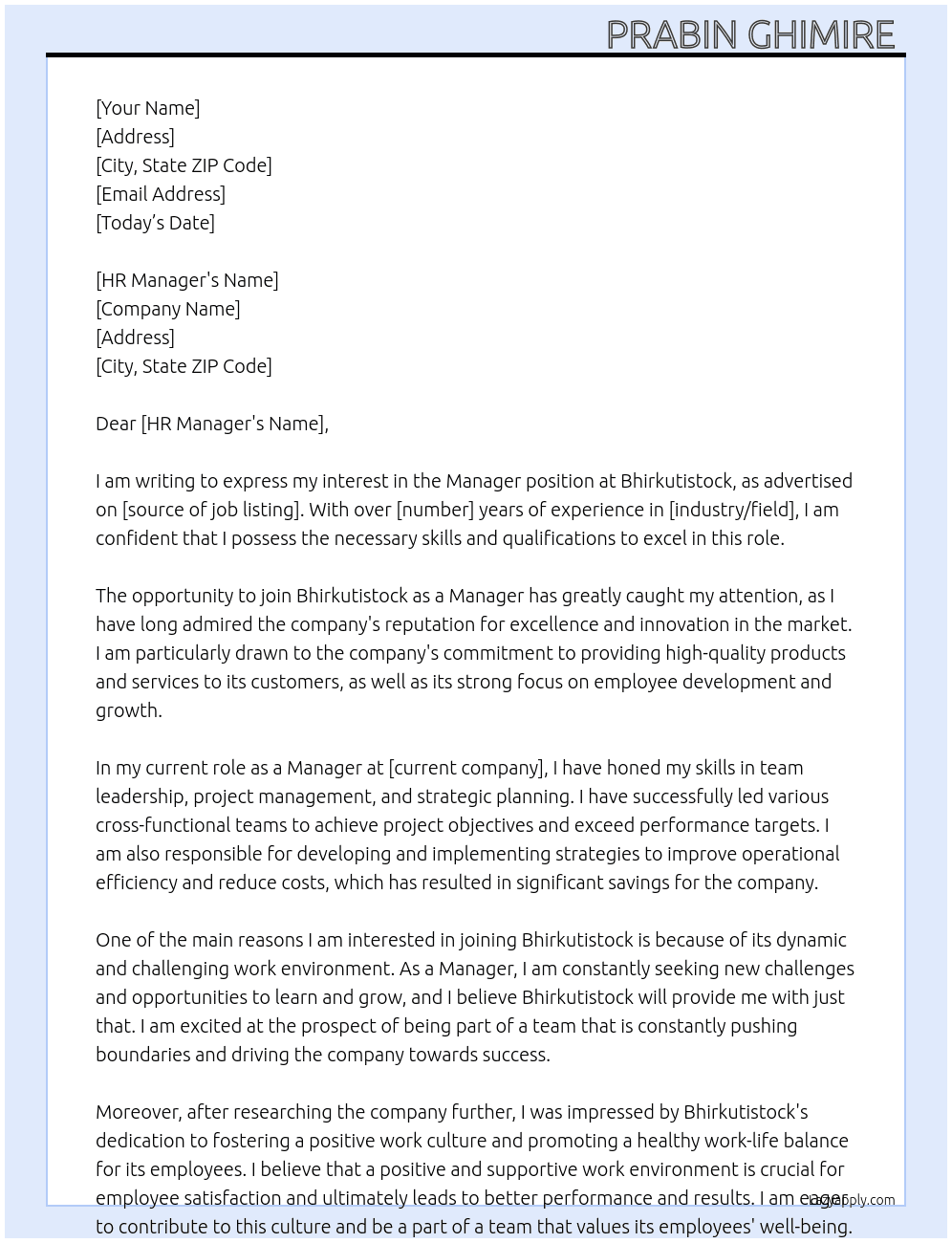 Manager  At Bhirkutistock Cover Letter