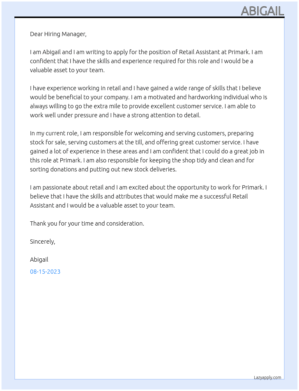 Retail Assistant At Primark Cover Letter