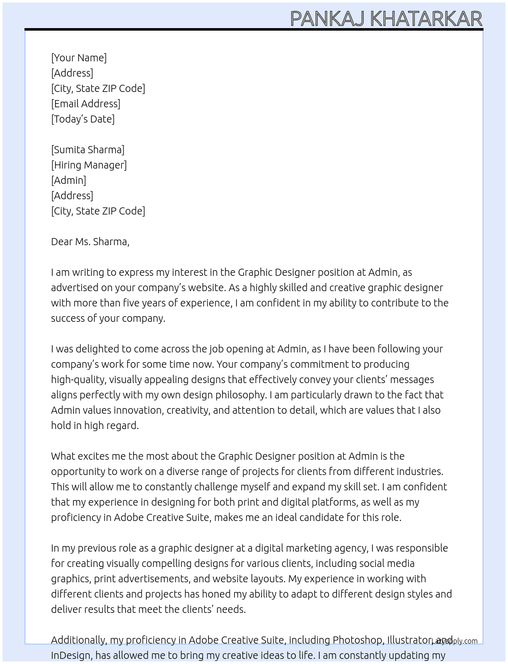Graphic designer At admin Cover Letter