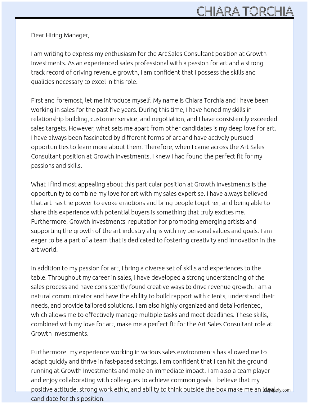 Art Sales Consultant At Growth Investments Cover Letter