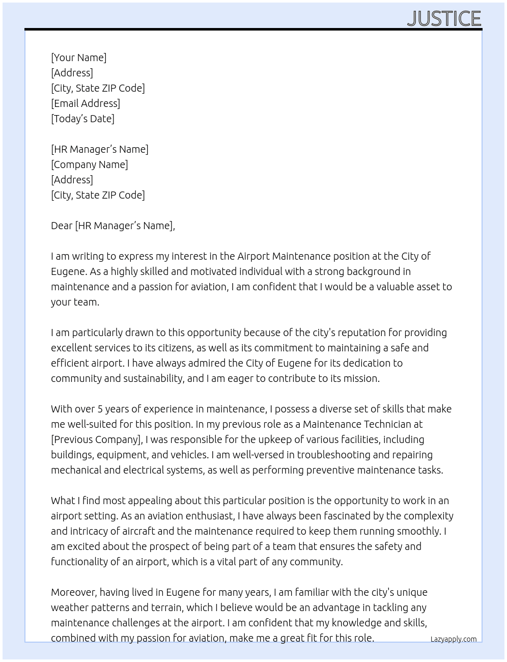 airport maintanance At city of eugene Cover Letter