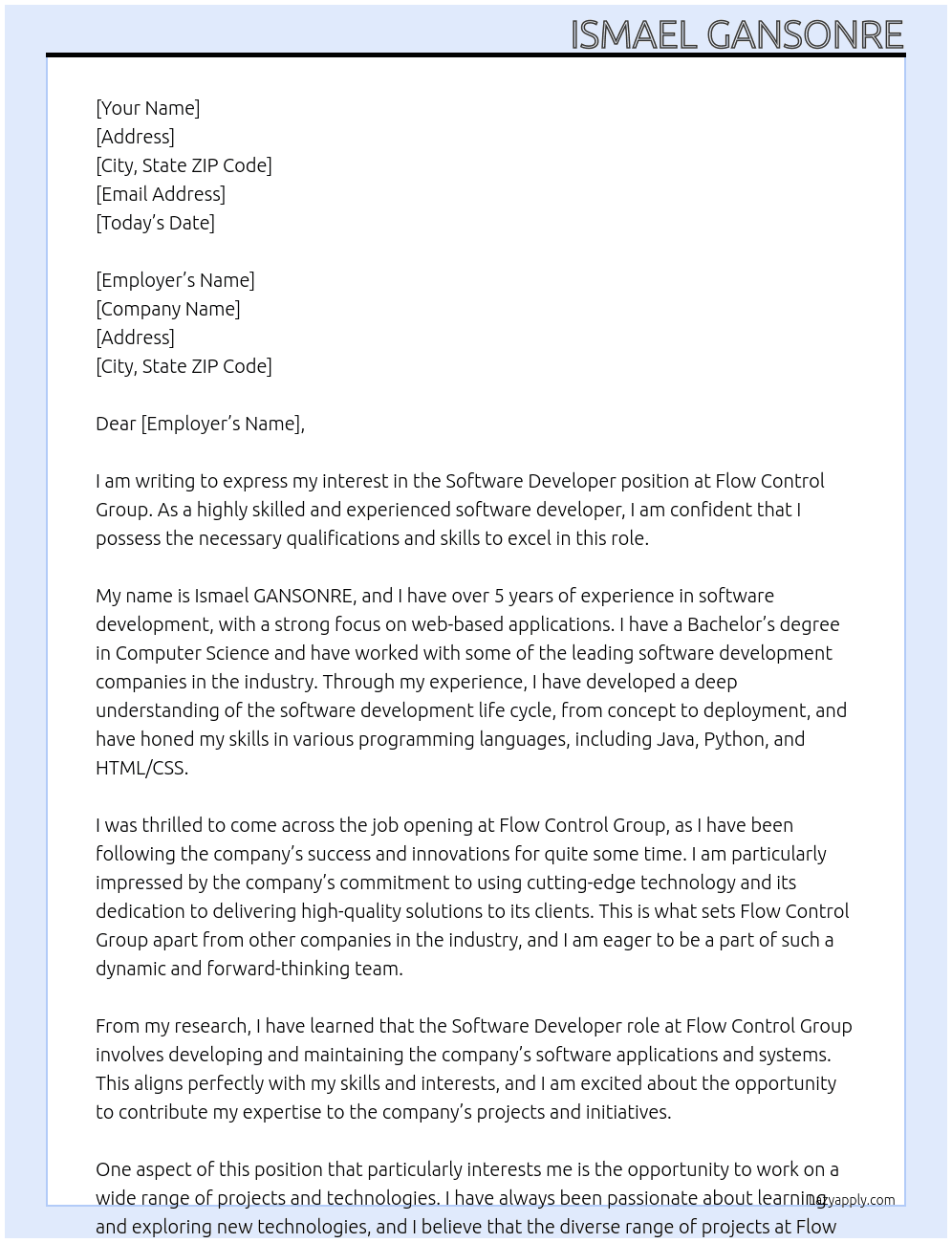 sofware dev At Flow Control Group Cover Letter