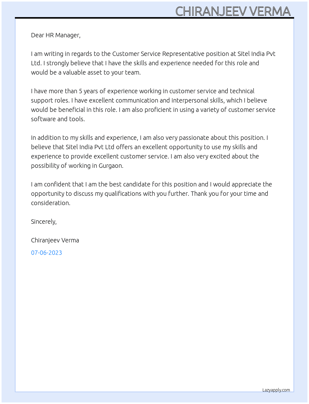 Customer Service Representative  At Sitel India Pvt Ltd Cover Letter