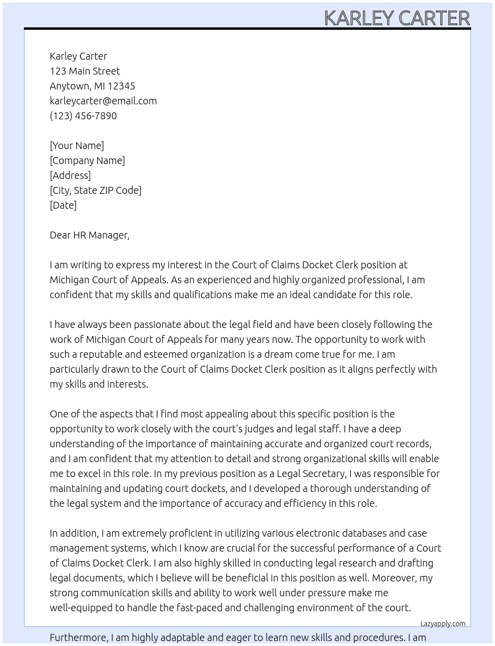 Court of Claims Docket Clerk At Michigan Court of Appeals Cover Letter