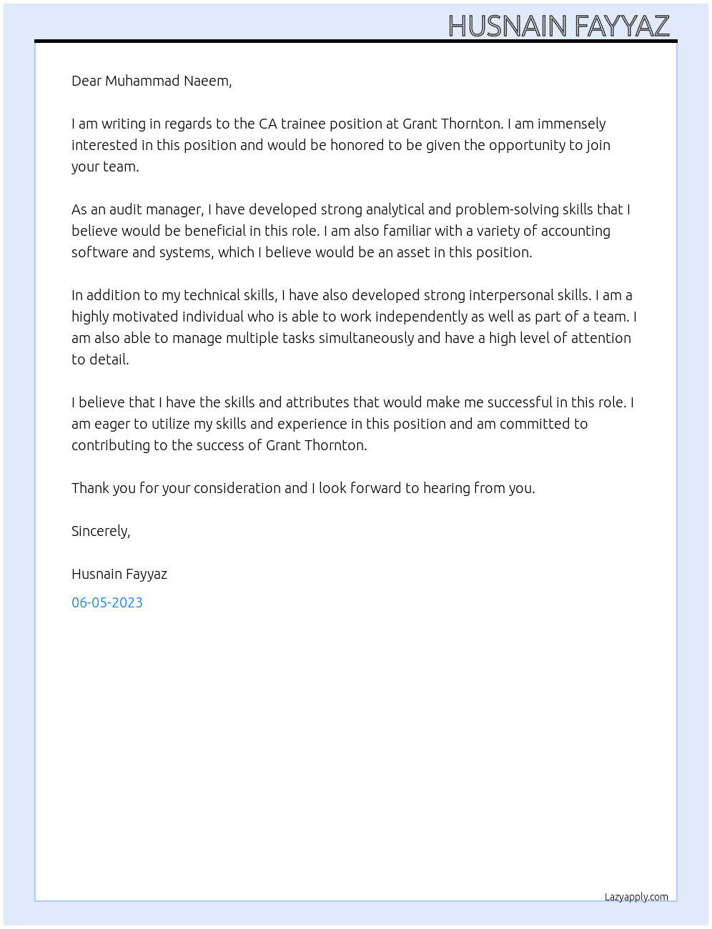 CA trainee  At Grant Thronton  Cover Letter