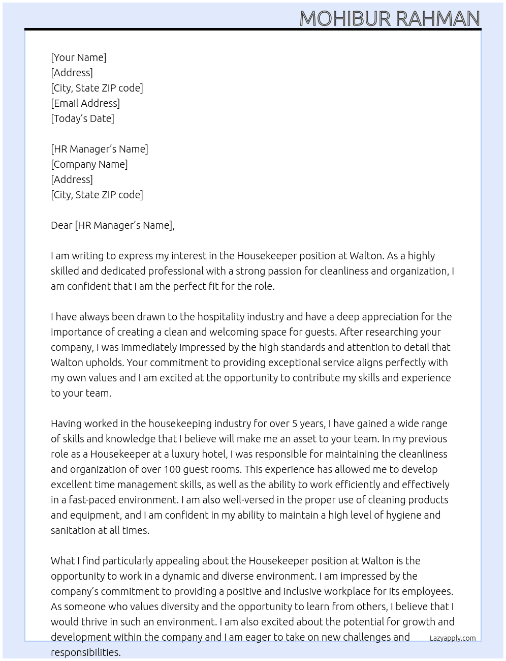 Housekeeper At Walton Cover Letter