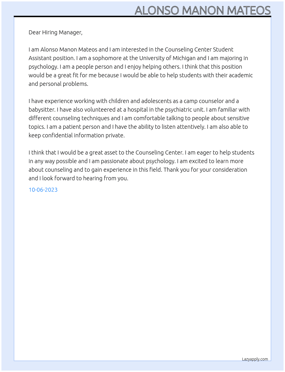 Counseling Center Student Assistant At Counseling Center Cover Letter