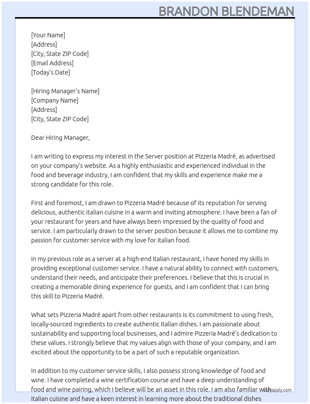 Server At Pizzeria Madré  Cover Letter