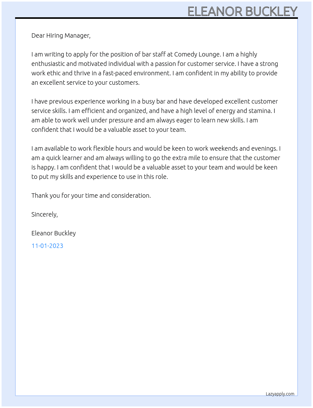 Bar staff  At Comedy Lounge Cover Letter