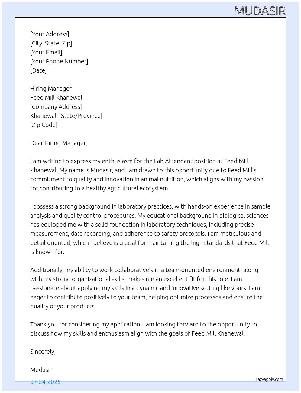 Lab Attendant –  At Feed Mill Khanewal Cover Letter