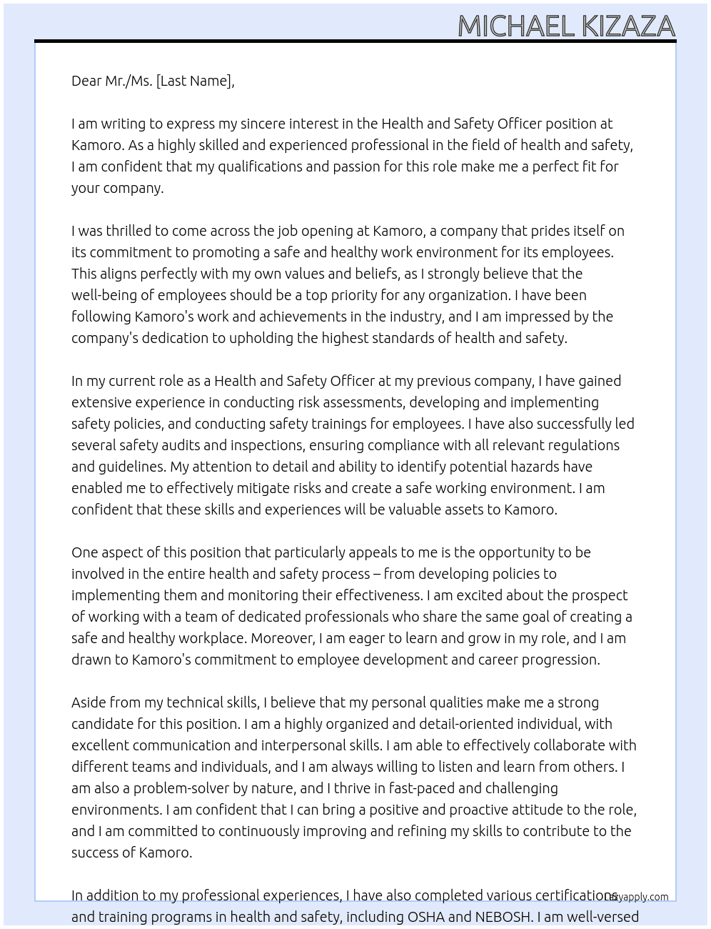 Health and safety office  At Kamoro Cover Letter
