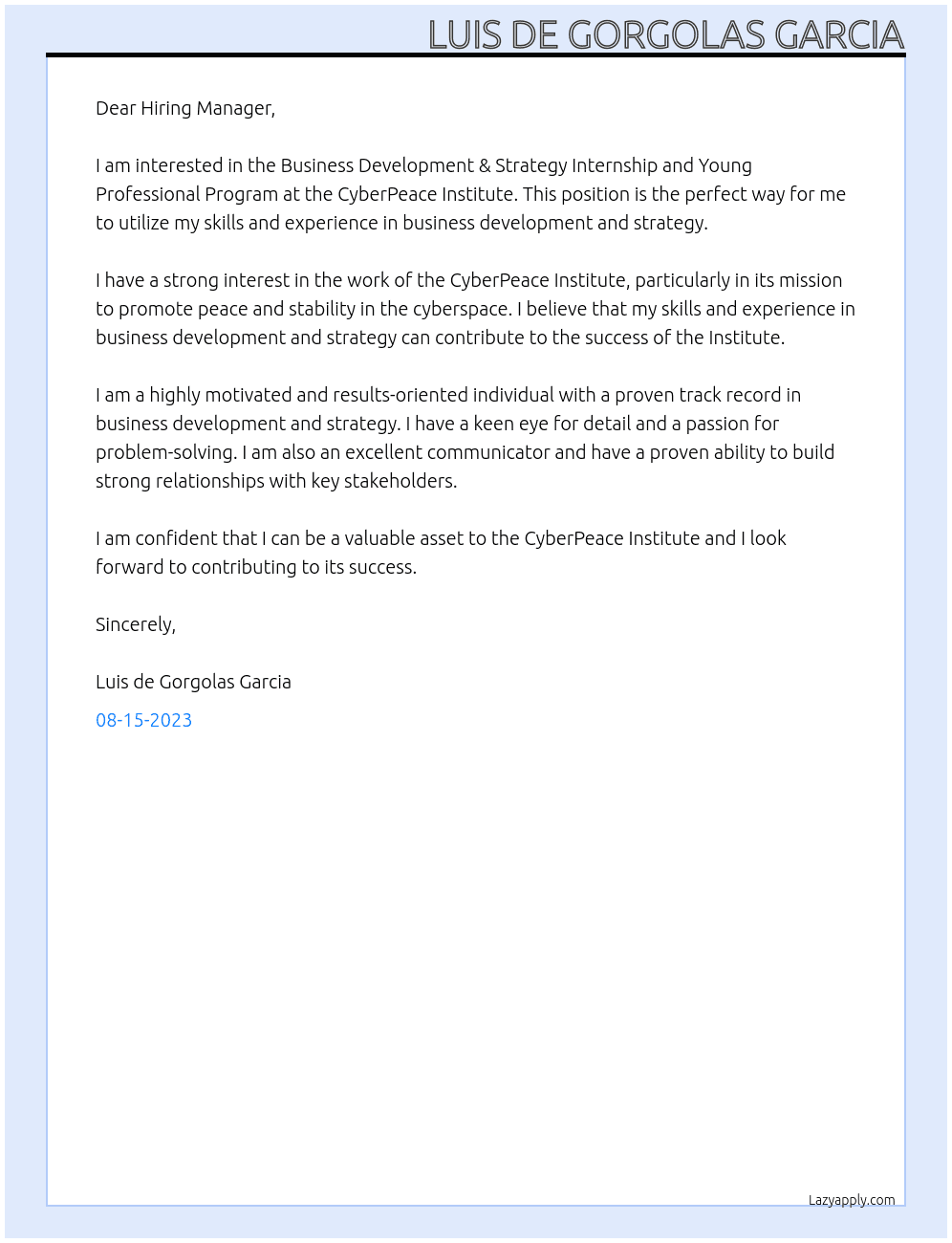 Business Development & Strategy Internship and Young Professional Program At CyberPeace Institute Cover Letter