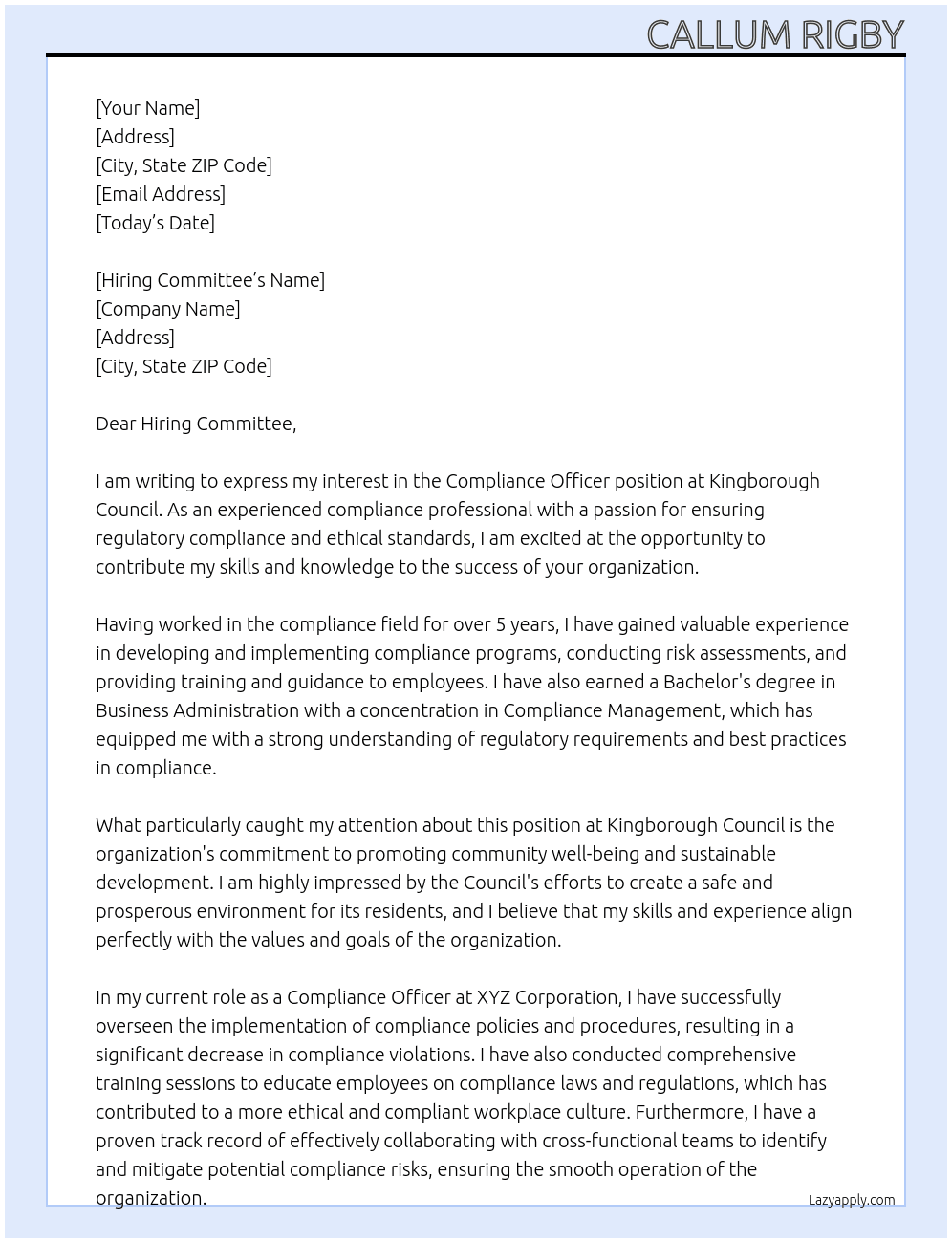 COmpliance Officer At Kingborough Council Cover Letter