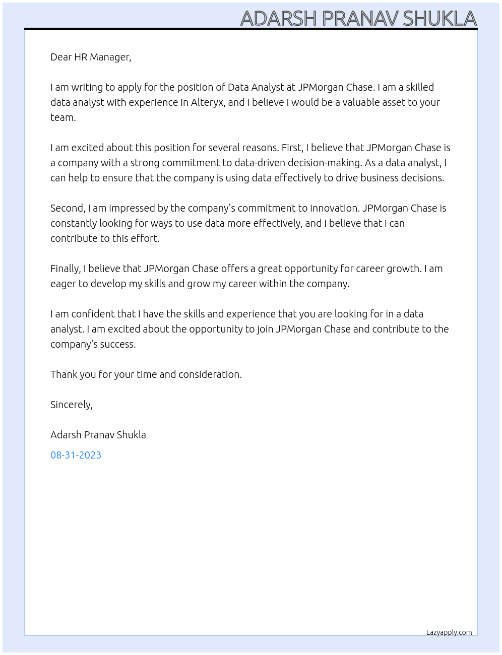Data Analyst At JPMorgan Chase Cover Letter