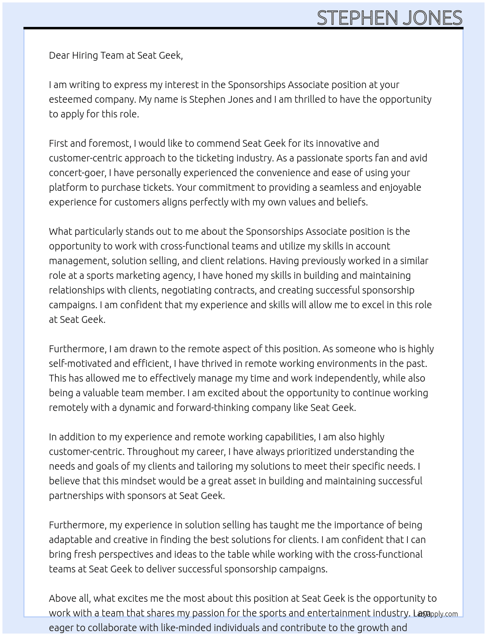 Sponsorships Associate At Seat Geek Cover Letter