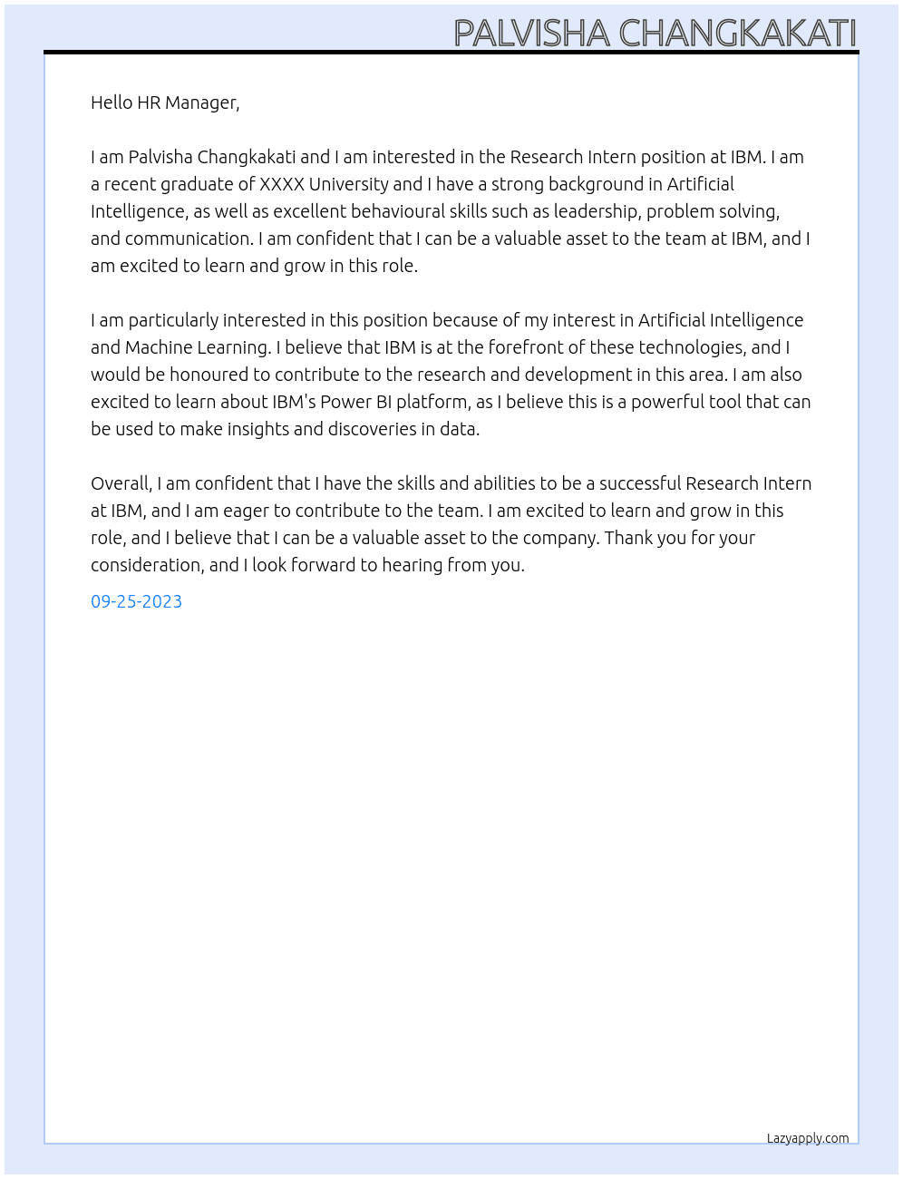 Research Intern At IBM Cover Letter