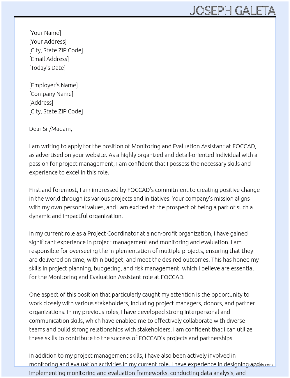 monitoring and evolution assistant At FOCCAD Cover Letter