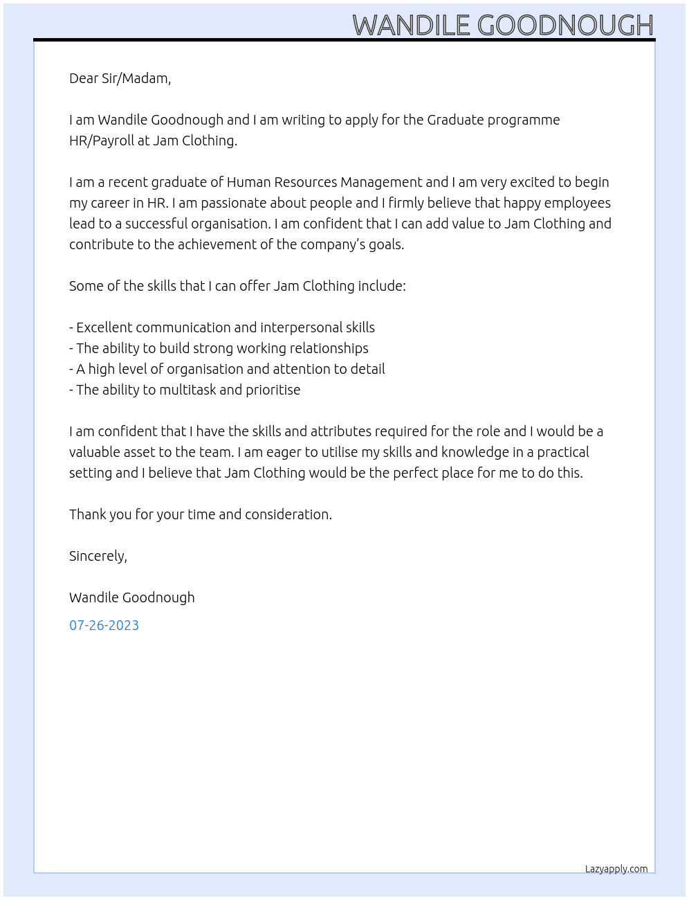 Graduate programme HR/Payroll At Jam Clothing Cover Letter