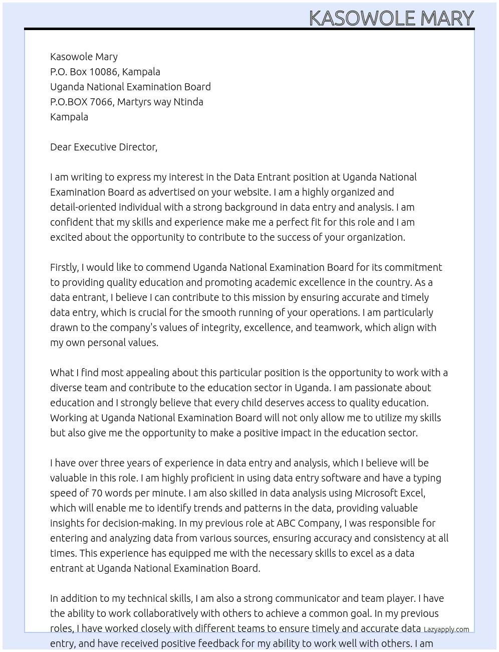 Data Entrant At Uganda National Examination Board Cover Letter