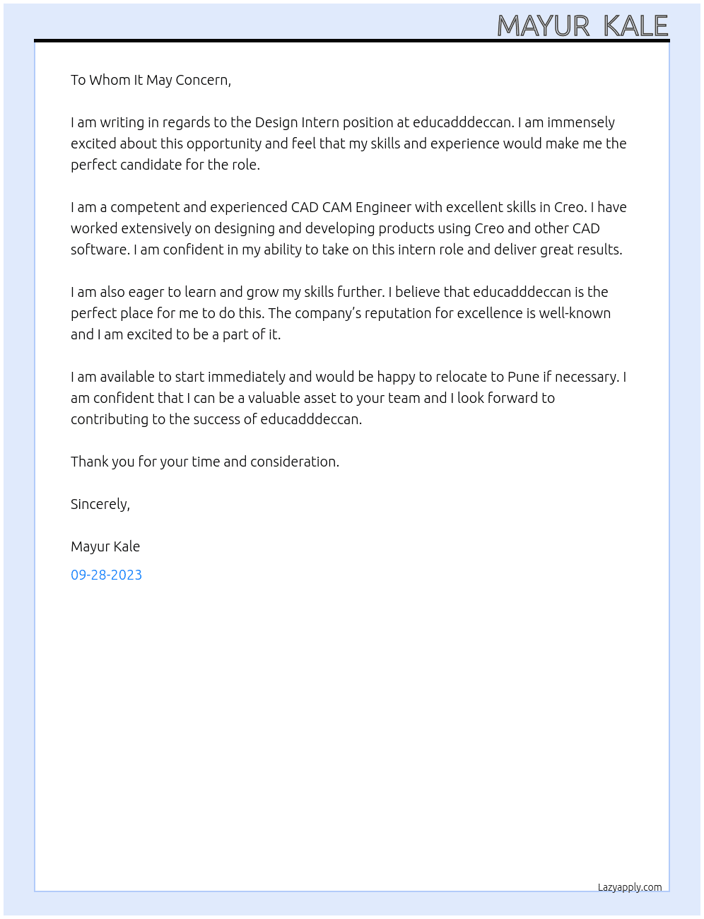 Design Intern At educadddeccan Cover Letter