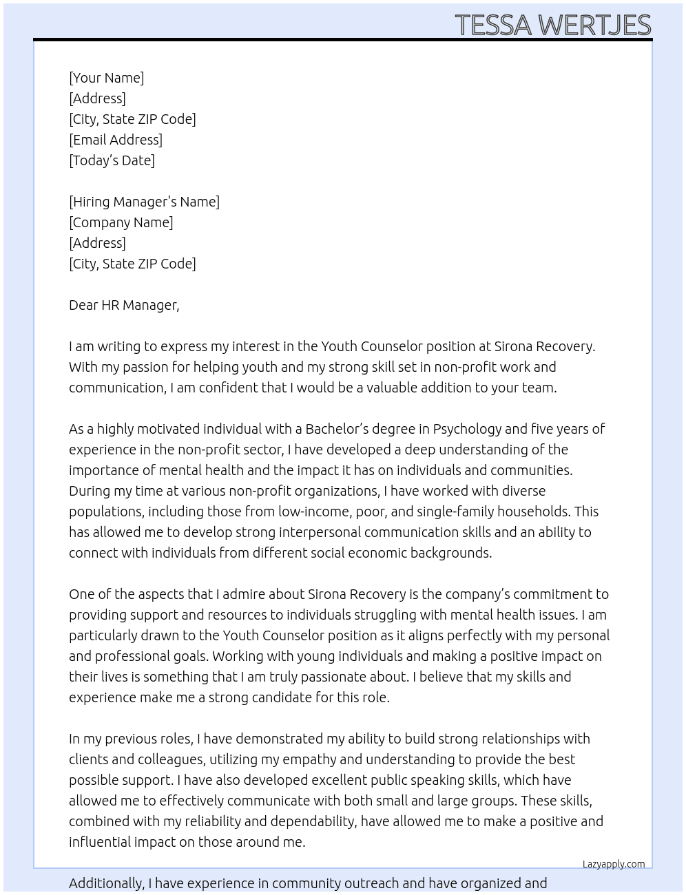 Youth Counselor  At Sirona Recovery  Cover Letter