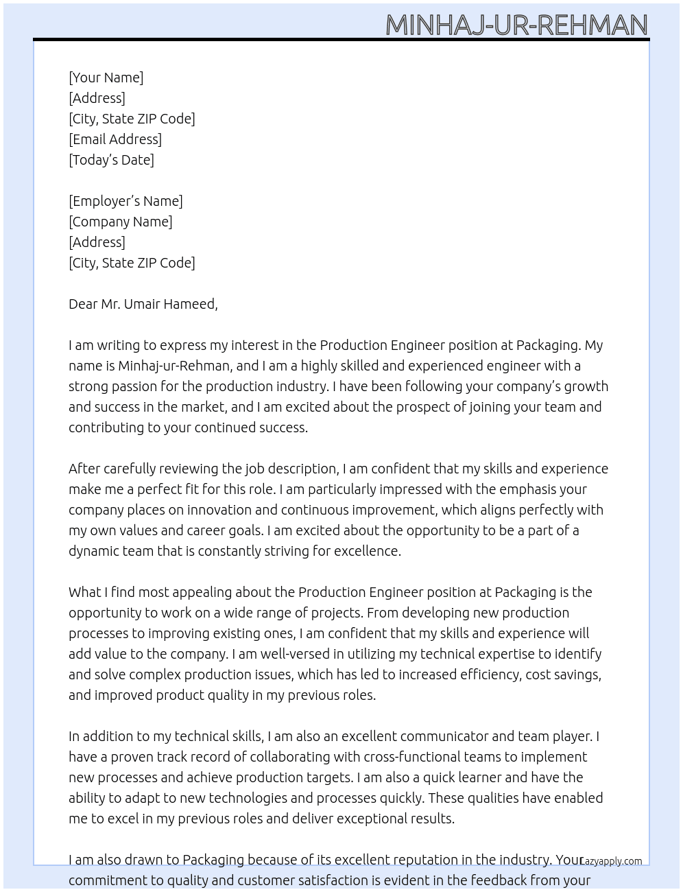 Production Engineer At Packaging  Cover Letter