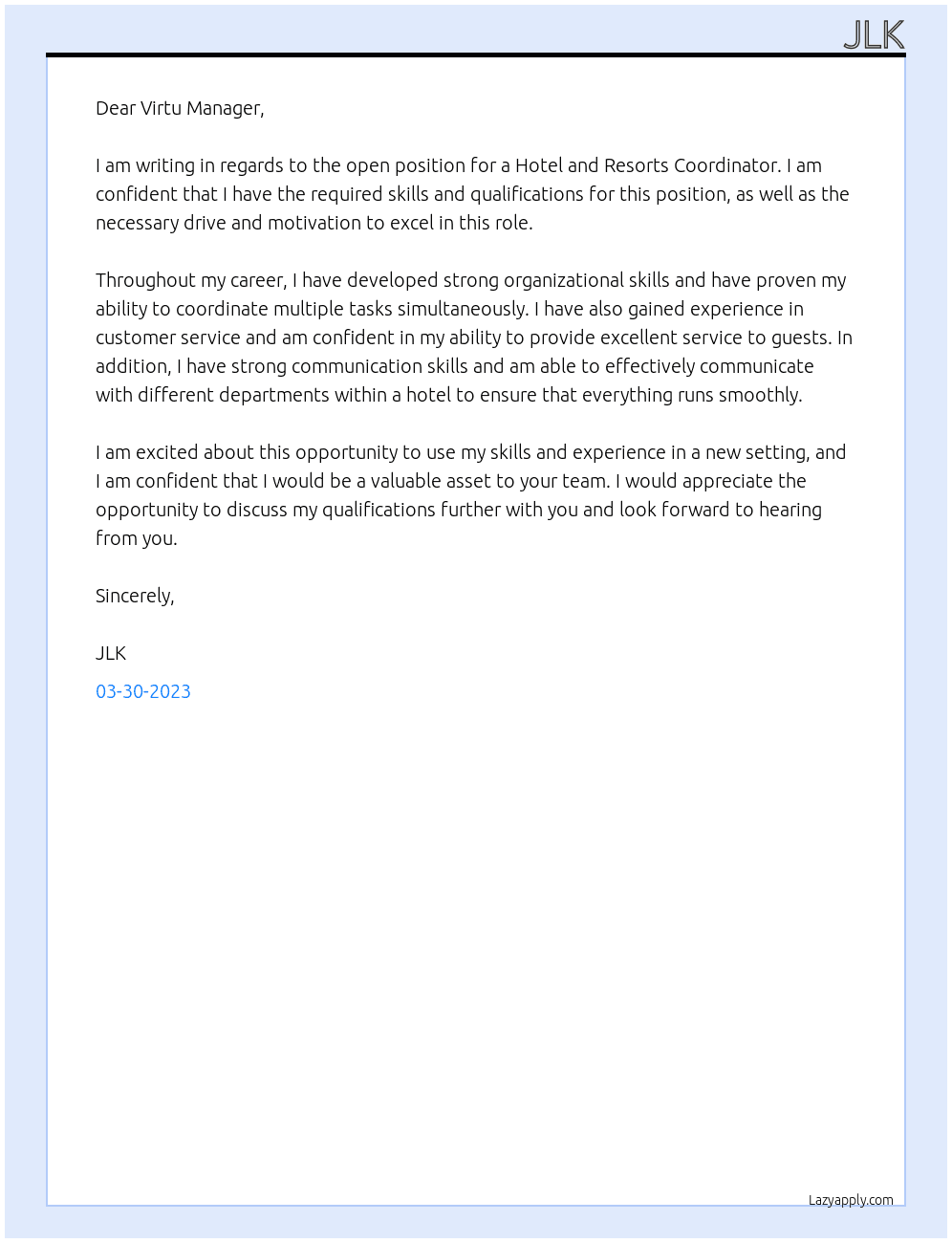 Hotel and Resorts Coordinator At Virtu Cover Letter