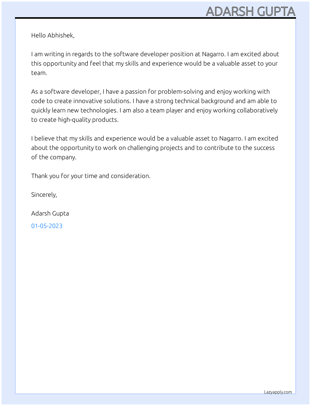 Software Developer  At Nagarro  Cover Letter