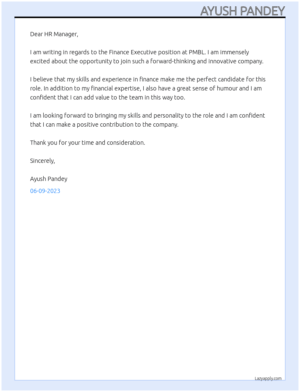 FINANCE EXECUTIVE At PMBL Cover Letter