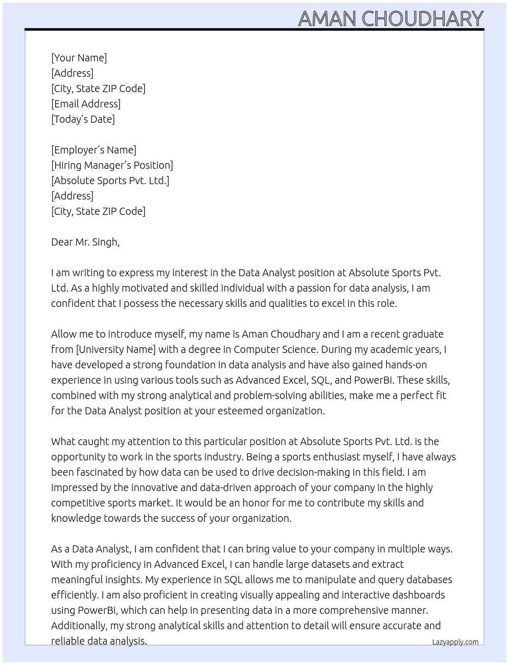 Data Analyst At Absolute Sports Pvt. Ltd. Cover Letter