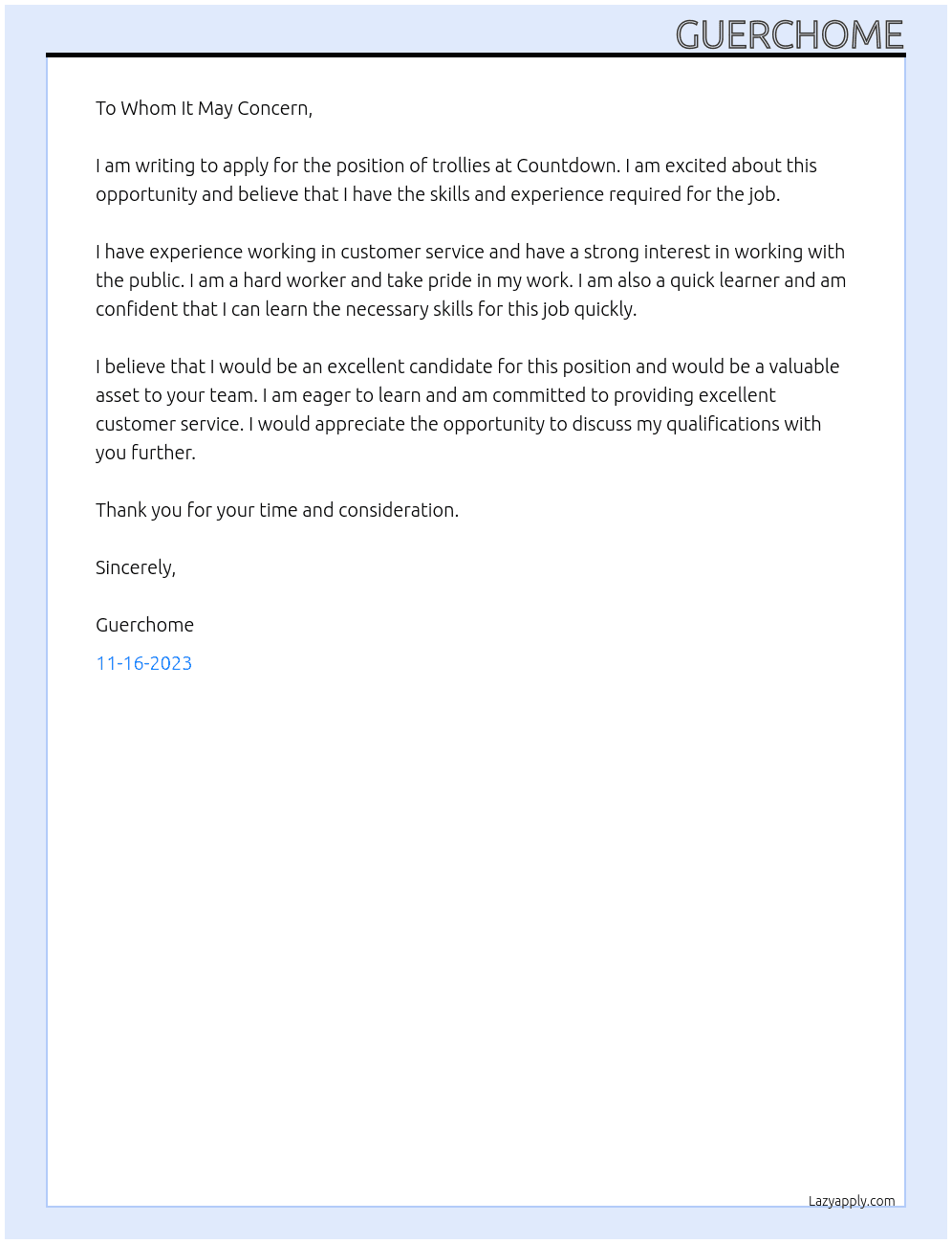 trollies  At Countdown  Cover Letter