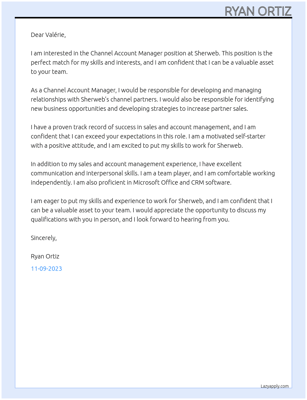 Channel Account Manager  At Sherweb  Cover Letter