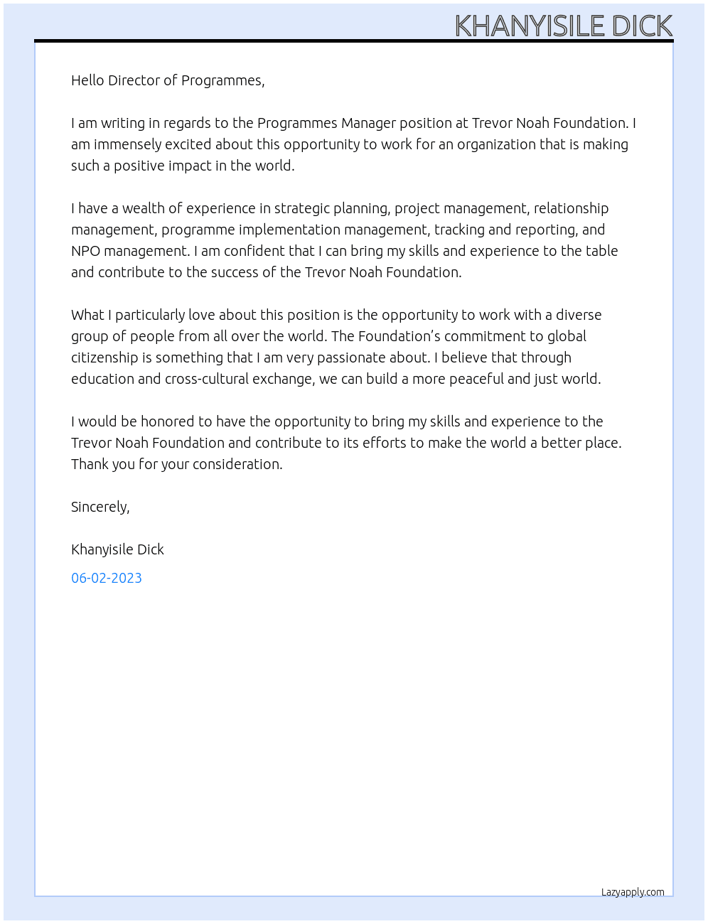  Programmes Manager At Trevor Noah Foundation Cover Letter