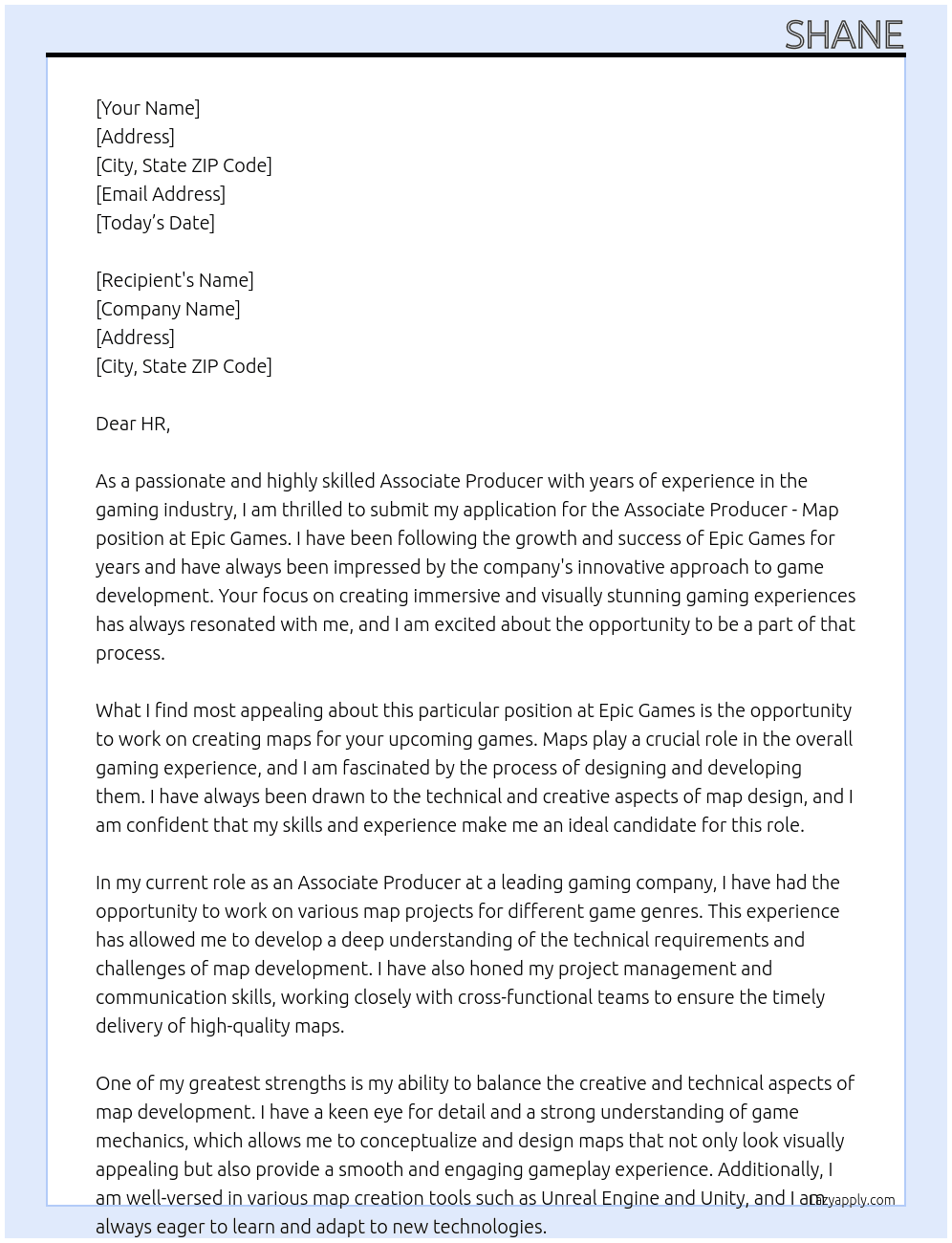 Associate Producer - Map At Epic Games Cover Letter