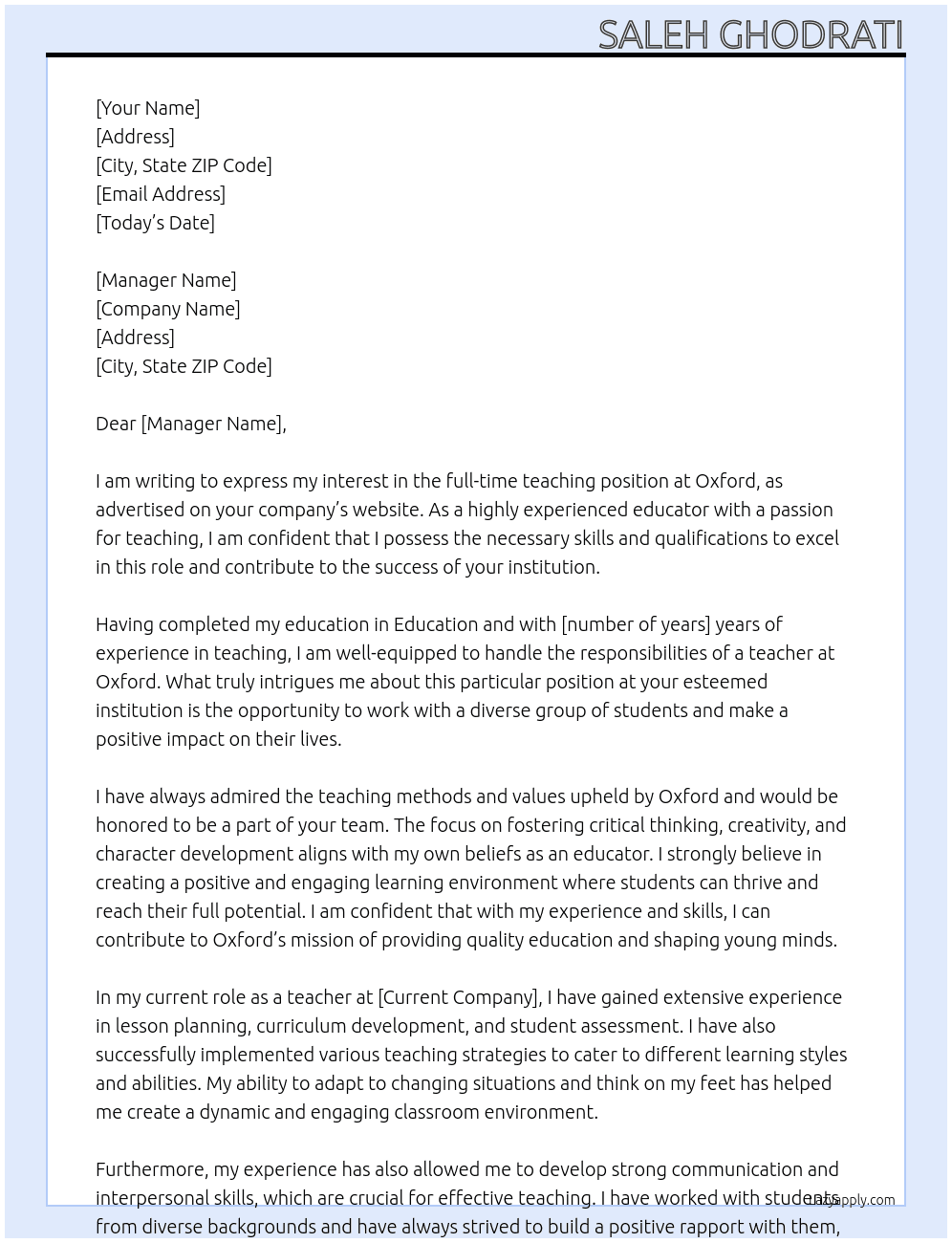 Teacher At Oxford Cover Letter
