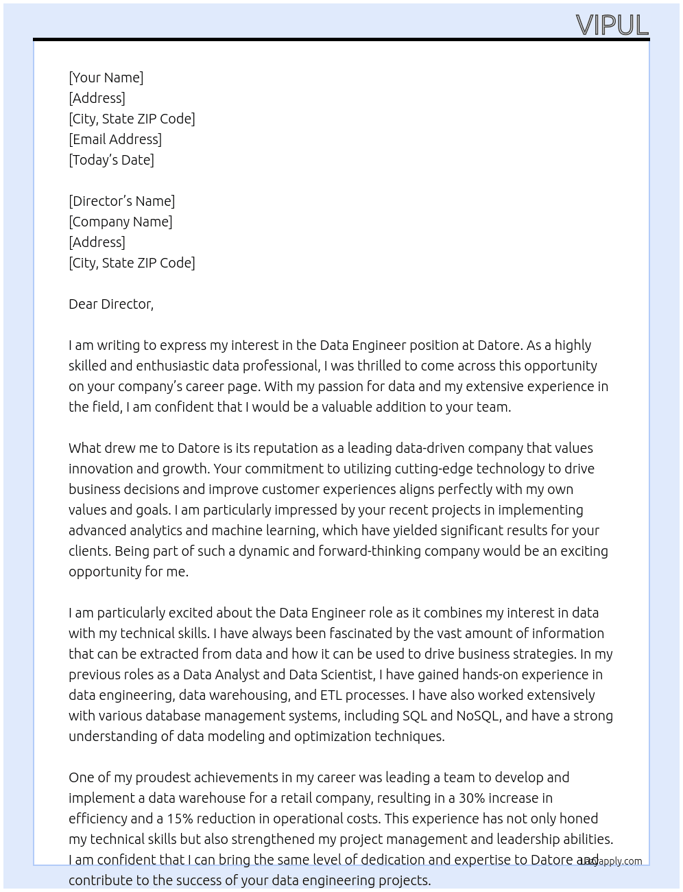 Data Engineer At Datore Cover Letter