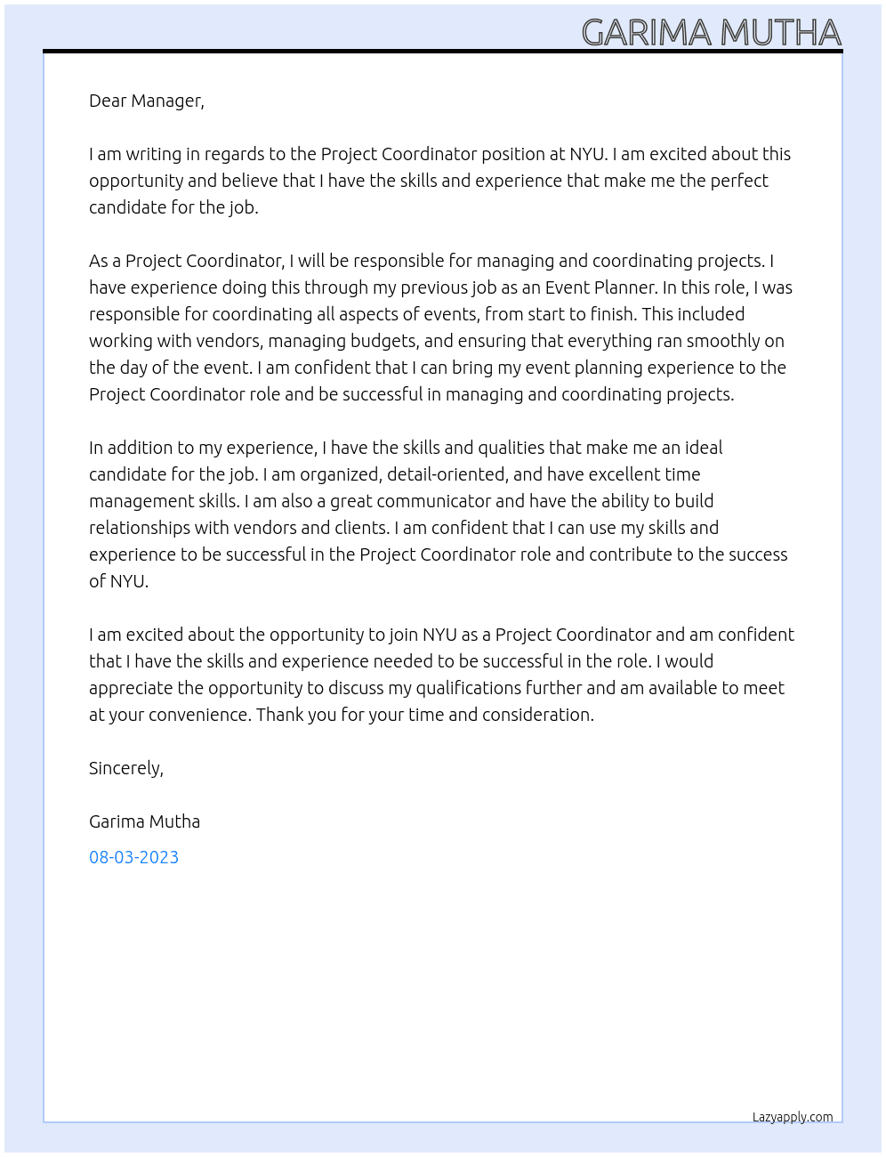 Project Coordinator At NYU on campus job Cover Letter