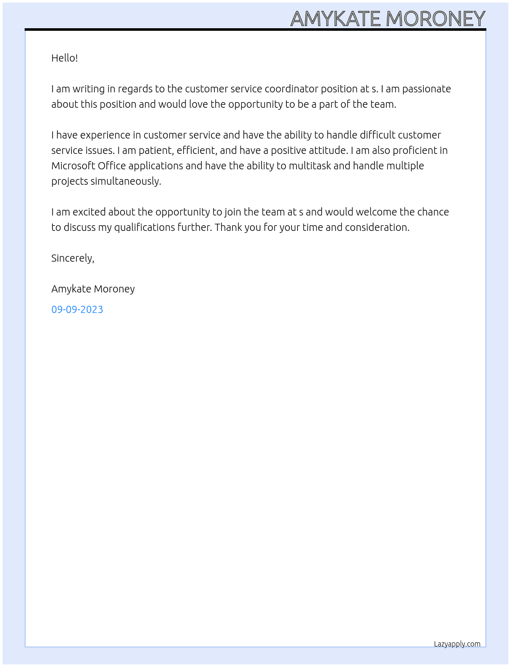 customer service coordinator At s Cover Letter